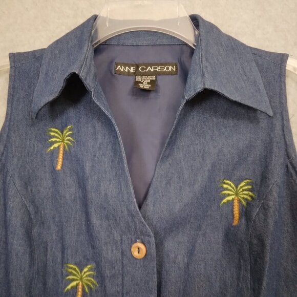 Anne Carson | Blue Denim Embroidered Sleeveless Top Palm Tree | Size L - Picture 2 of 7